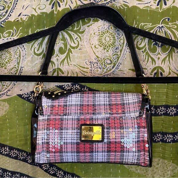 Y2K Betsey Johnson x Betseyville Black/ Red Plaid Tartan Sequined Clutch Purse - Picture 7 of 14